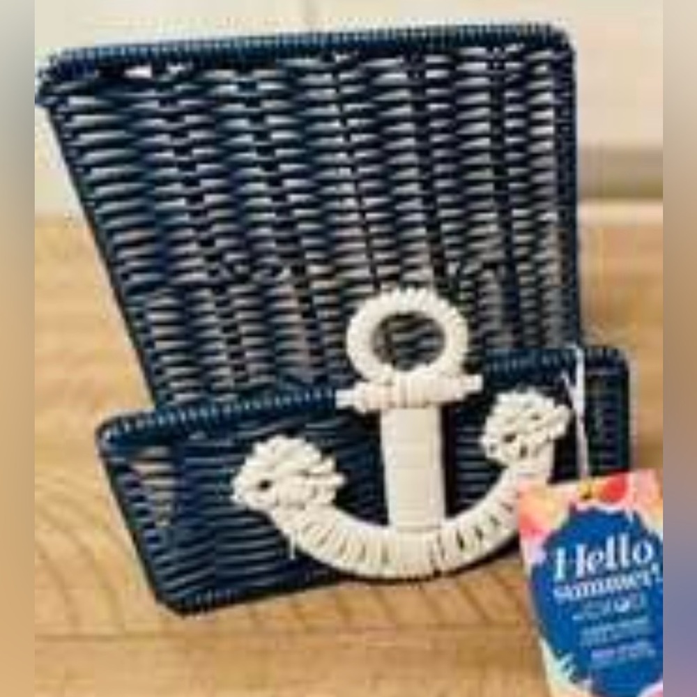 Nautical Napkin Holders Resin Wicker Navy & White w/Anchor by Ciroa